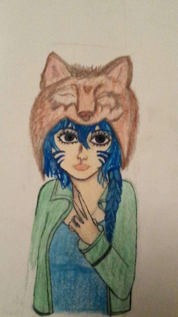 576x1024 Drawingblue Hair Girl With Wolf Hat Anime Amino - Wolf Hat Drawing