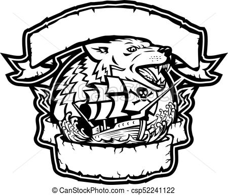 450x385 Wolf Pirate Ship Banner Retro Retro Style Illustration - Wolf Head Line Drawing