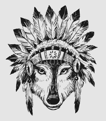351x400 wolf in a headdress of indians hand drawn illustration converted - Wolf Headdress Drawing