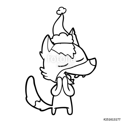 500x500 Line Drawing Of A Wolf Laughing Wearing Santa Hat Stock Image - Wolf Line Drawing