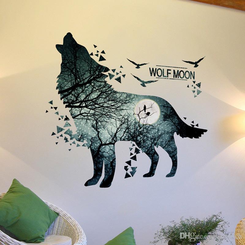 800x800 wolf moon wall stickers pvc material diy forest tree branch birds - Wolf Moon Drawing