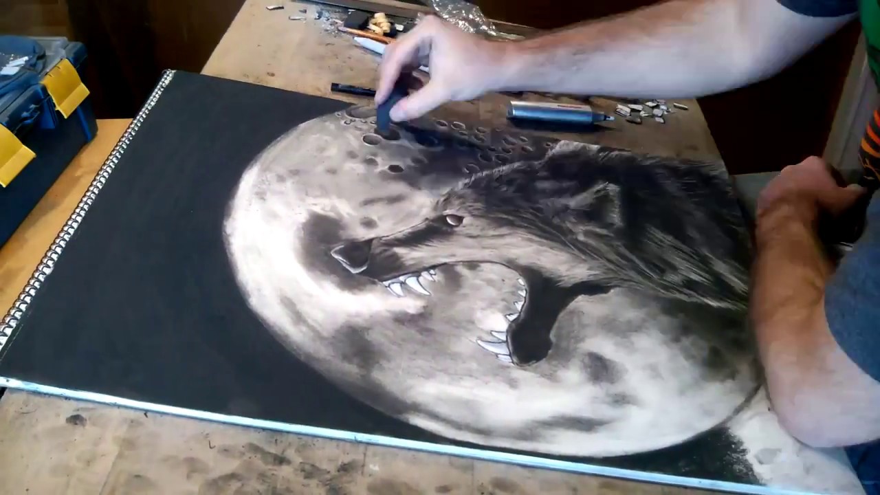 1280x720 Charcoal Wolfmoon Drawing Time Lapse - Wolf Moon Drawing
