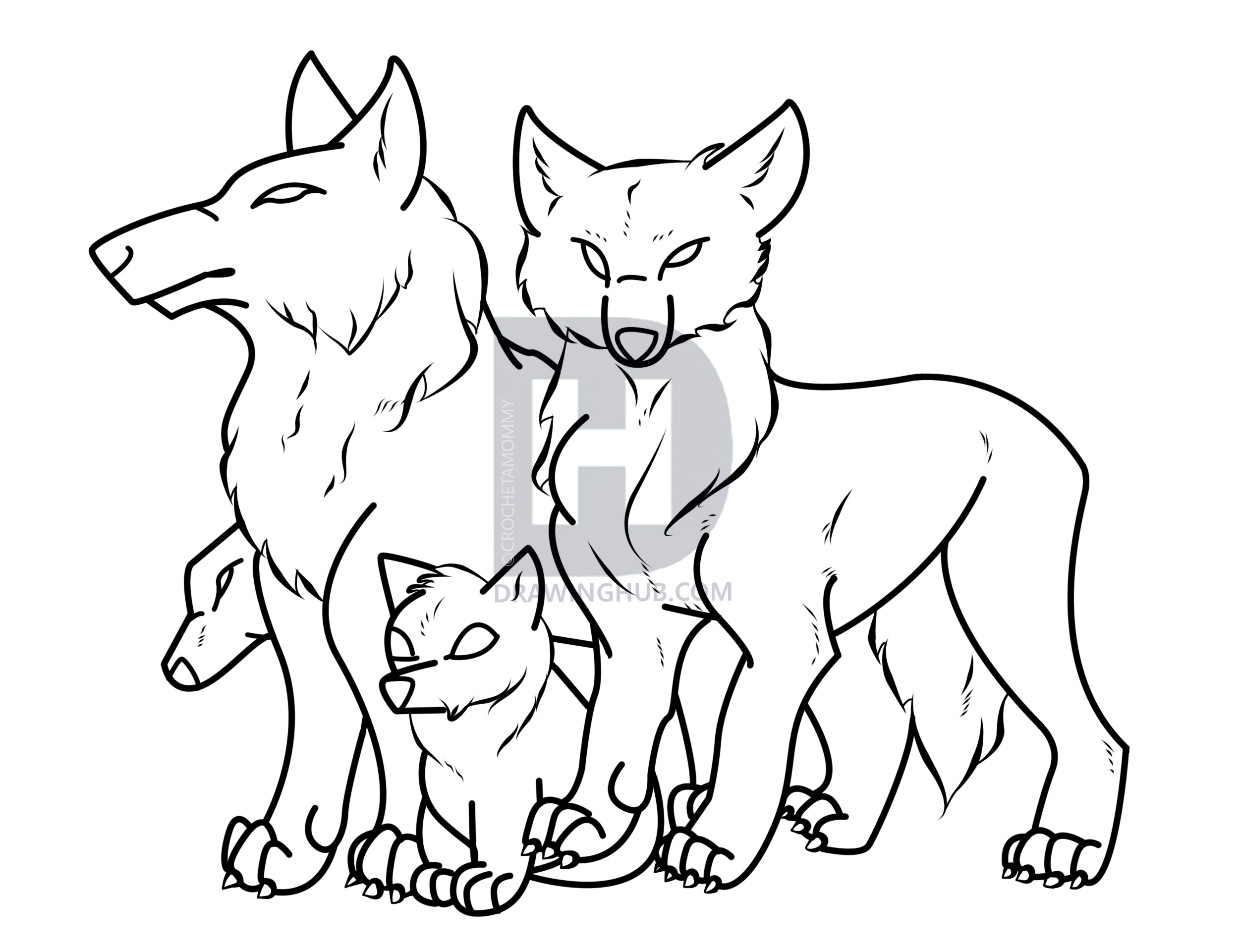 2500x1921 Wolf Family Outline Drawing - Wolf Outline Drawing
