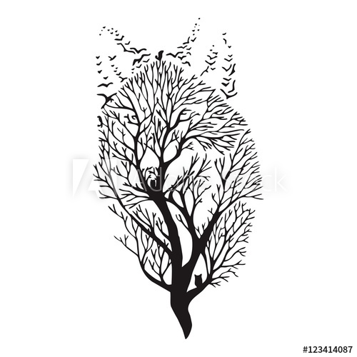 500x500 wolf run silhouette double exposure blend tree drawing tattoo - Wolf Silhouette Drawing