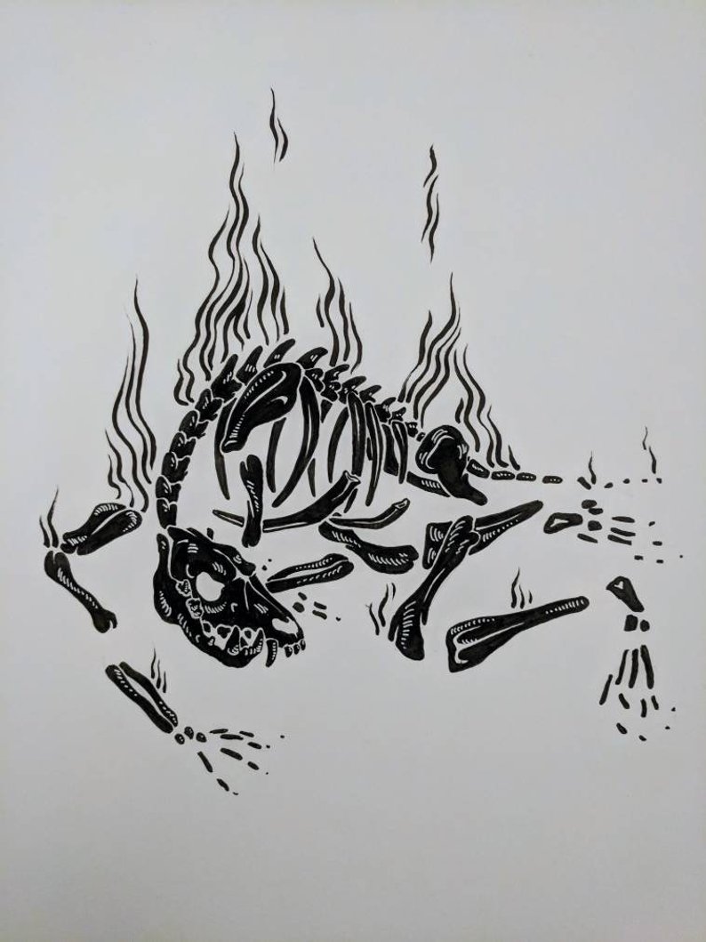 794x1059 Roasted Original Artwork Inktober Drawing Wolf Skeleton Etsy - Wolf Skeleton Drawing
