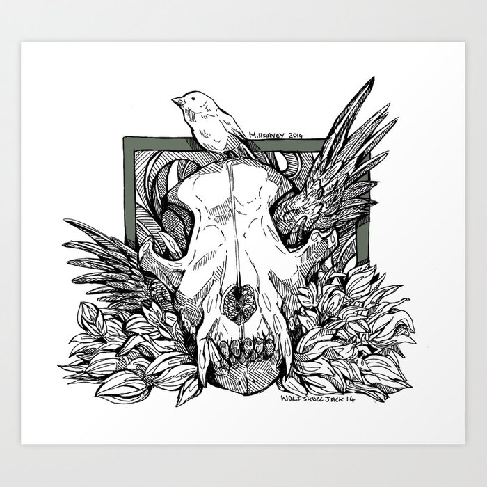 700x700 Wolf Skull Wing Art Print - Wolf Skull Drawing