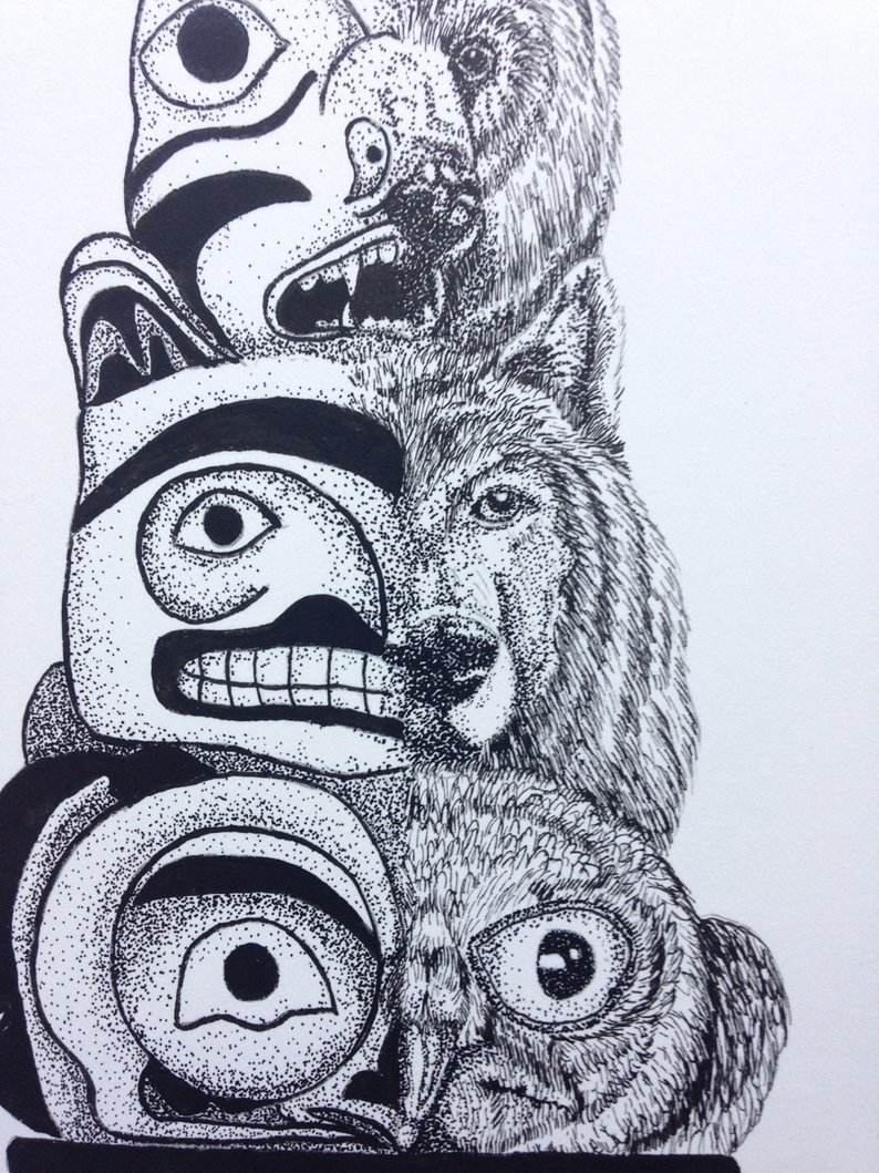 794x1059 Totem Pole Fantasy Art Original Ink Drawing Owl Etsy - Wolf Totem Drawing