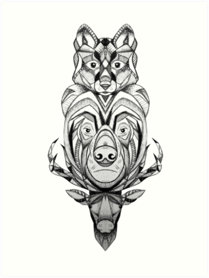 413x549 Wolf Bear And Stag Totem Pole Art Prints - Wolf Totem Pole Drawing