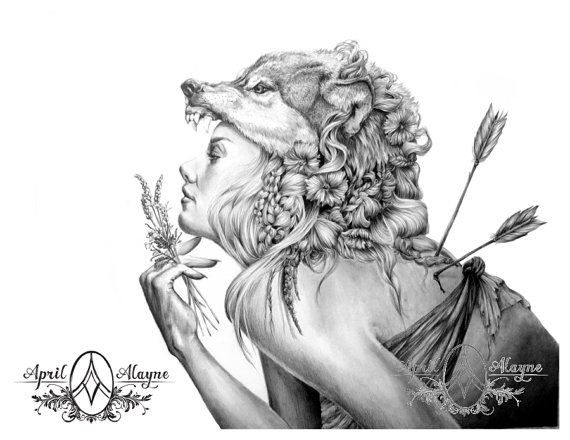 570x440 Holly Wolf Black And White Print Canvas Woman Portrait Strong - Wolf Woman Drawing