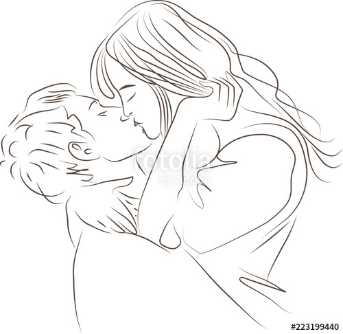 500x486 Vector Illustration In Line Of Couple Kissing, Drawing Men - Woman And Man Drawing