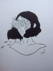 225x300 Hand Drawing Art Woman Girl Roses Portrait Original Art - Woman Drawing Art