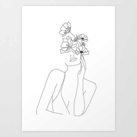 550x550 Minimal Line Art Woman With Flowers Art Print - Woman Drawing Art