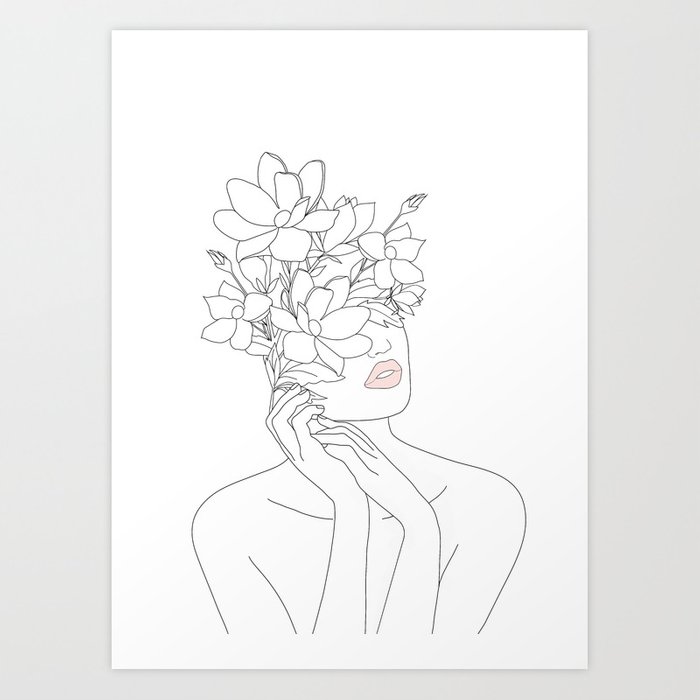 700x700 Minimal Line Art Woman With Magnolia Art Print - Woman Drawing Art