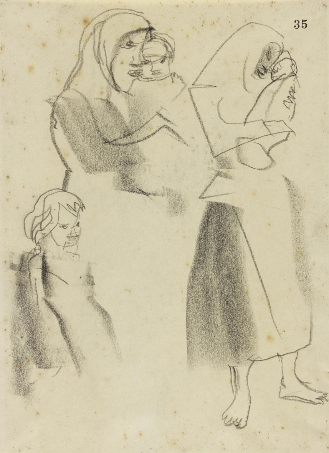 1117x1536 sketches of two women in headscarves and bare feet holding a baby - Woman Holding Baby Drawing