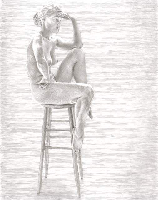 506x640 drawing done woman sitting on a stool artwork - Woman Sitting Drawing