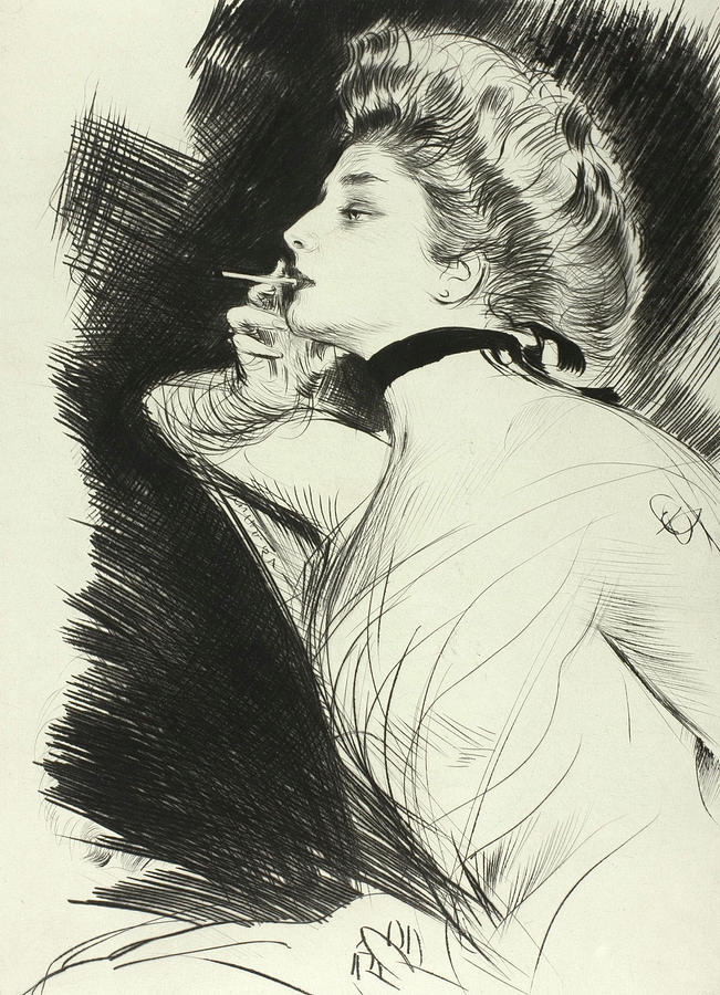 651x900 half length portrait of a seated woman, smoking a cigarette - Woman Smoking Drawing