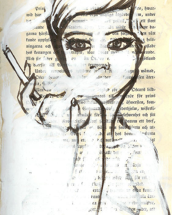 562x702 smoking woman marker drawing on vintage book - Woman Smoking Drawing