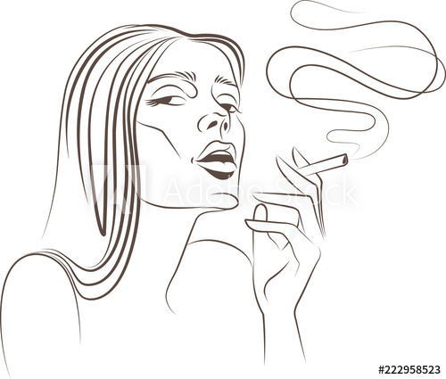 500x425 vector illustration in line, drawing of woman smoking a cigarette - Woman Smoking Drawing