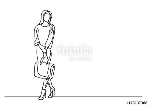 500x354 Continuous Line Drawing Of Standing Woman With Handbag Stock - Woman Standing Drawing