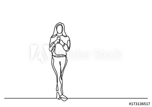 500x354 Continuous Line Drawing Of Woman Standing With Smart Phone - Woman Standing Drawing