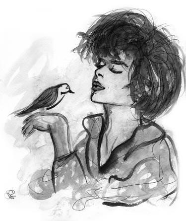 375x445 Women And Bird Drawing - Women Drawing