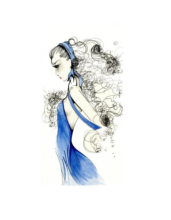 570x733 fashion illustration blue fashion wall art fashion art print etsy - Women Fashion Drawing
