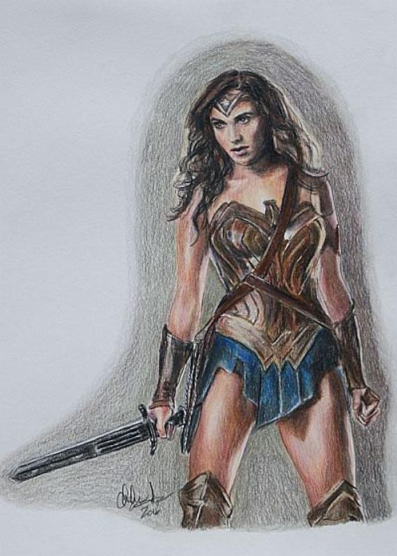 570x798 wonder woman gal gadot print of colored pencil drawing etsy - Wonder Woman Drawing