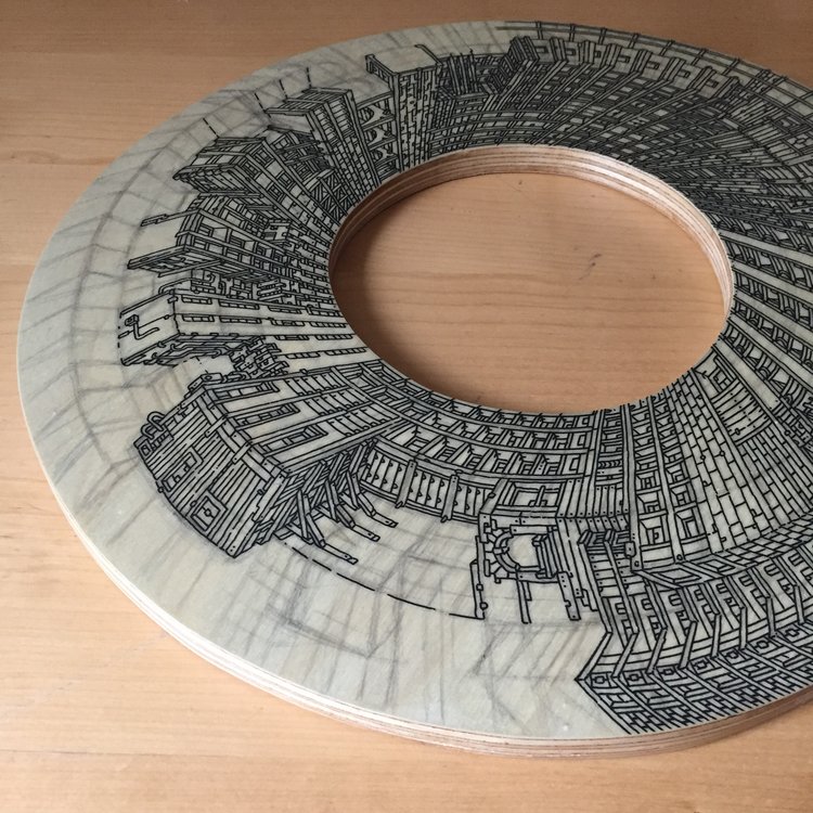 750x750 ink drawings on wood cutouts create architectural fantasy - Wood Drawing Pictures