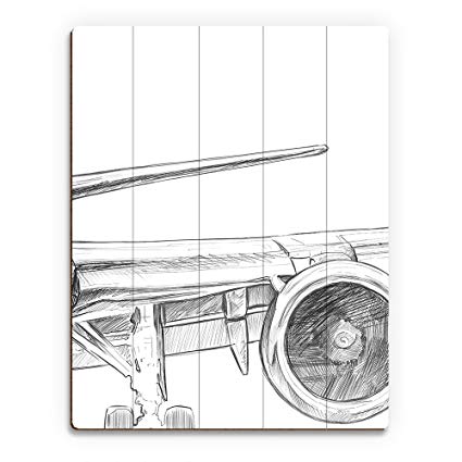 425x425 Triptych Right Wing Jet Plane Airplane Sketch Line - Wood Grain Line Drawing