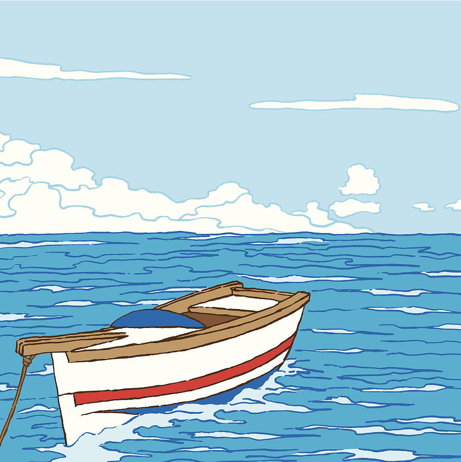 899x900 seascape with wooden boat - Wooden Boat Drawing