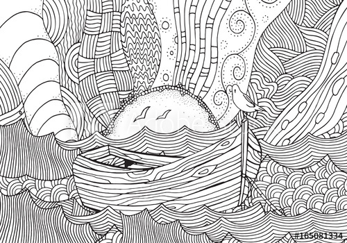 500x350 wooden boat floating on the waves waves, boat, sea, art hand - Wooden Boat Drawing