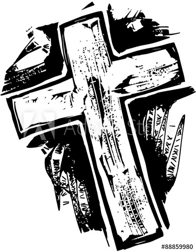 390x500 a black and white woodcut style drawing of a wooden cross - Wooden Cross Drawing