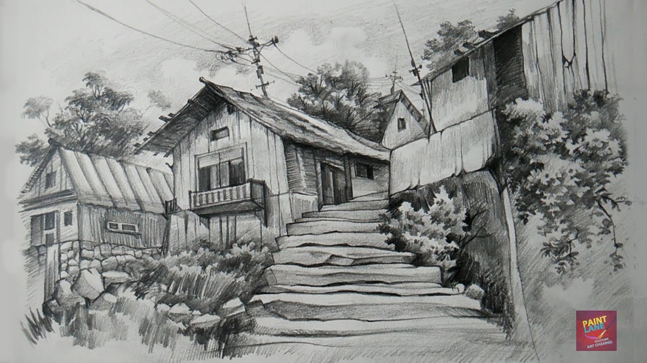1280x720 How To Draw And Shade Old Wooden Houses With Pencil - Wooden House Drawing