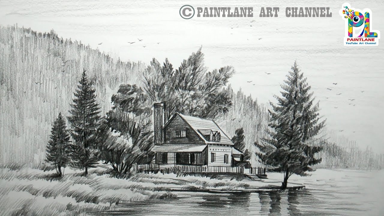1280x720 how to draw wooden house at mountain landscape area and lake - Wooden House Drawing