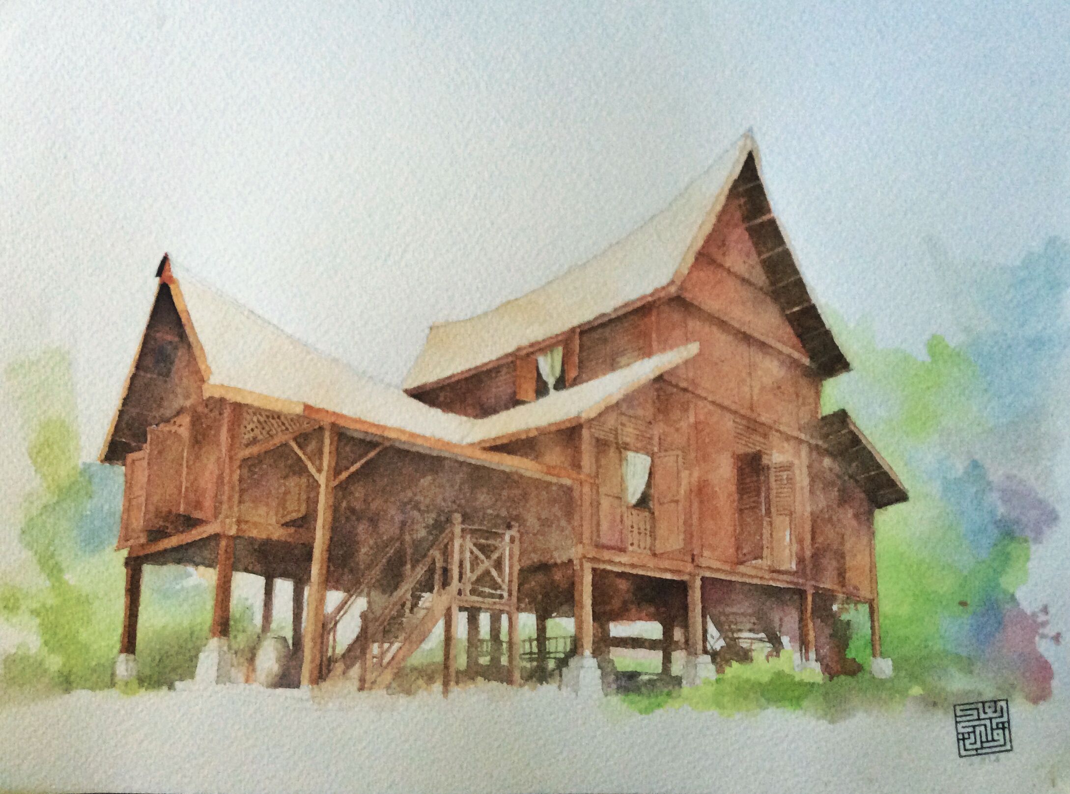 2178x1618 Malay Traditional Timber House Watercolour Architecture - Wooden House Drawing