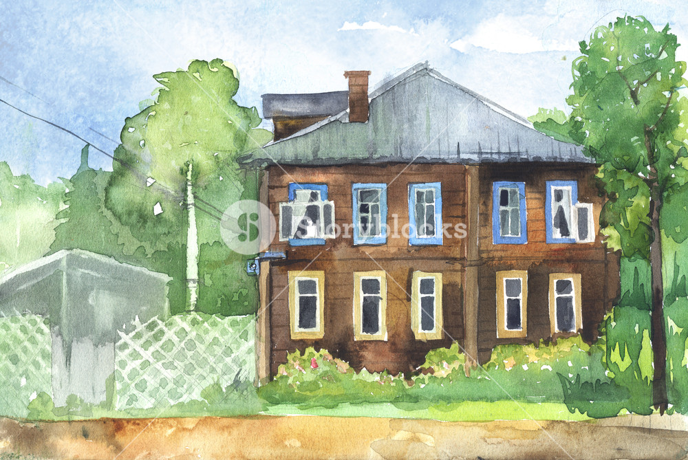 1000x669 Watercolor And Pen Drawing Of A Wooden House Royalty Free Stock - Wooden House Drawing