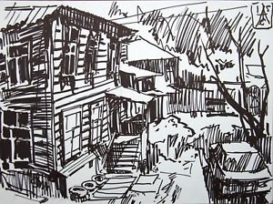 300x224 Old Wooden House Ink Art - Wooden House Drawing