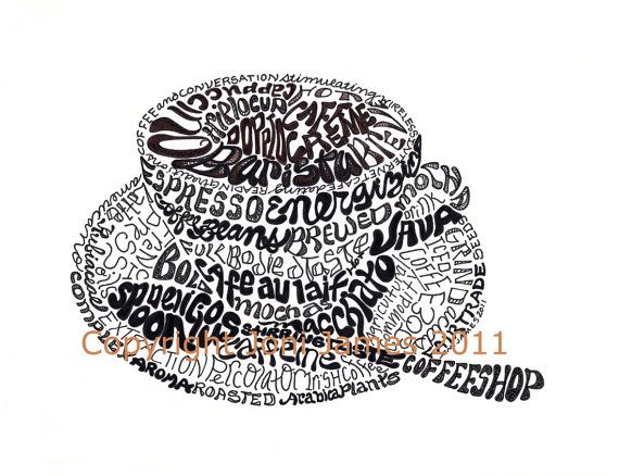 570x438 coffee or espresso word art in a calligram typography print - Word Art Drawing