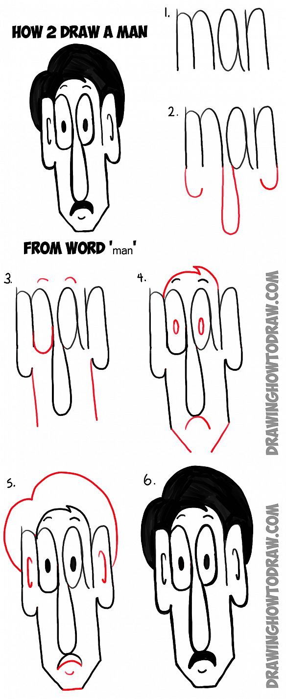 584x1427 how to draw cartoon man from the word man easy tutorial for kids - Word Drawings
