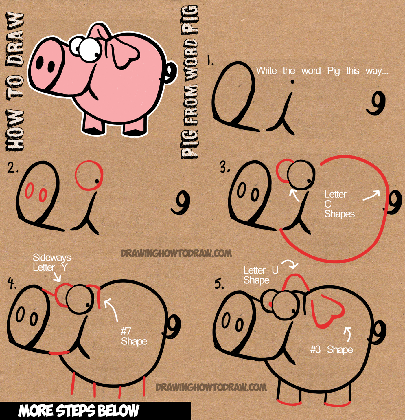1400x1451 how to draw cartoon pig with the word pig drawing lesson for kids - Word Drawings