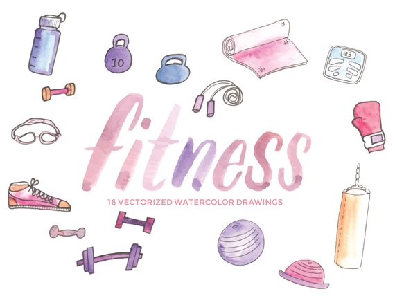 570x428 fitness gym and workout equipment hand painted watercolor etsy - Workout Drawings