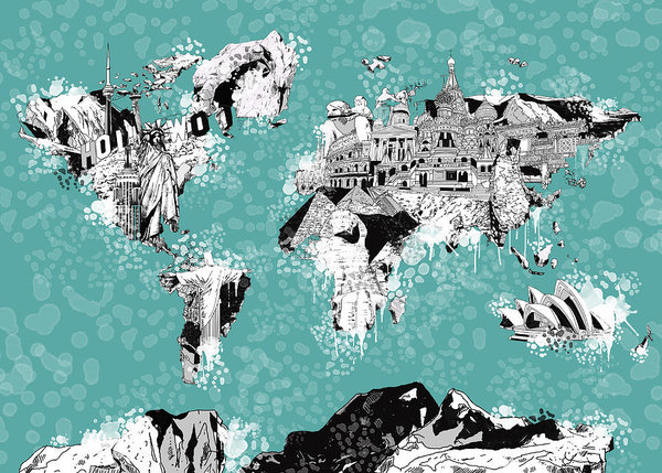 600x429 World Map Drawing Collage Art Print - World Map Drawing