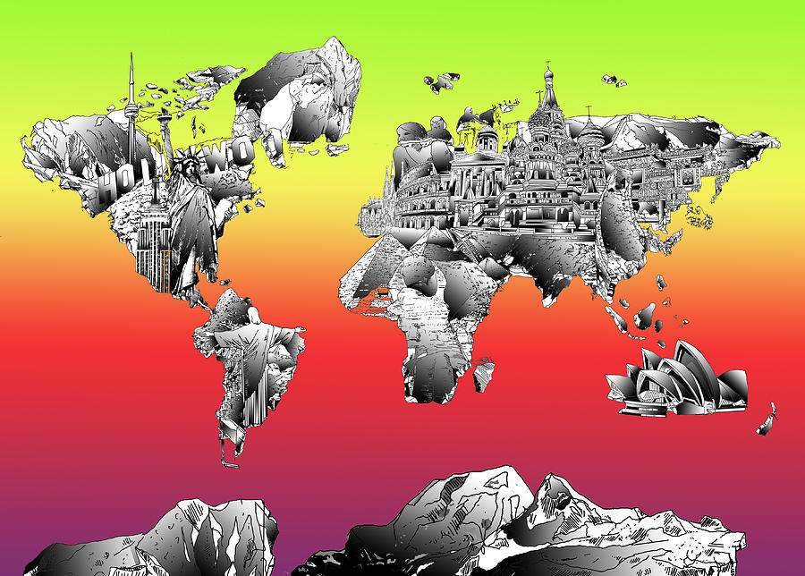 900x644 World Map Drawing Collage Painting - World Map Drawing