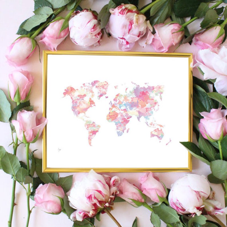 794x794 printable pink world map painting map art typographic etsy - World Map Drawing Tumblr