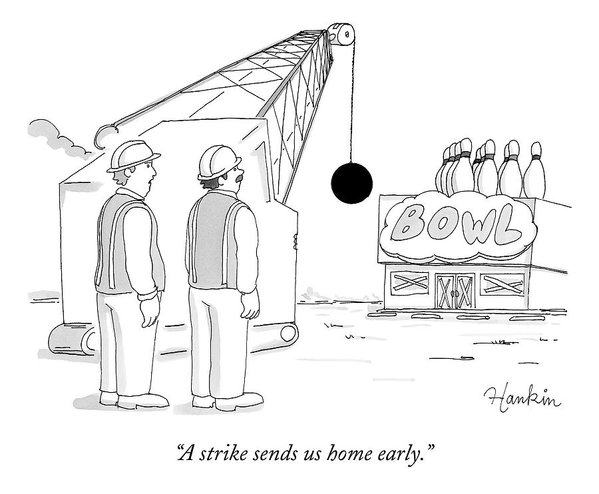 599x494 Two Construction Workers Watch As A Wrecking Ball Art Print - Wrecking Ball Drawing