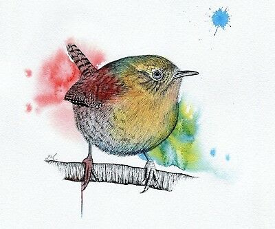 400x333 original ink watercolour 'wren' drawing painting bird modern - Wren Drawing