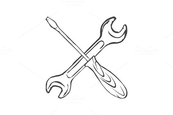 580x386 hand draw screwdriver with wrench - Wrench Drawing