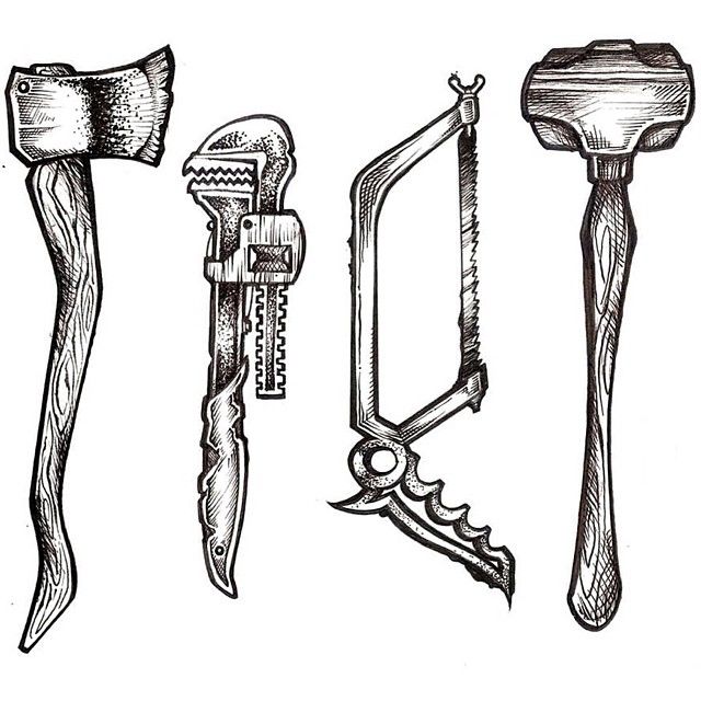 640x640 horror weapons saw, axe, sledge hammer, heavy wrench sketch print - Wrench Sketch Drawing