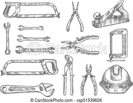 450x347 construction and repair tool isolated sketch set construction - Wrench Sketch Drawing