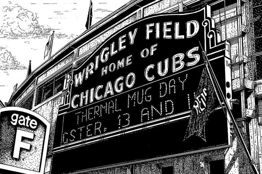 900x599 fine art drawing of wrigley marquis chicago cubs man cave art - Wrigley Field Drawing